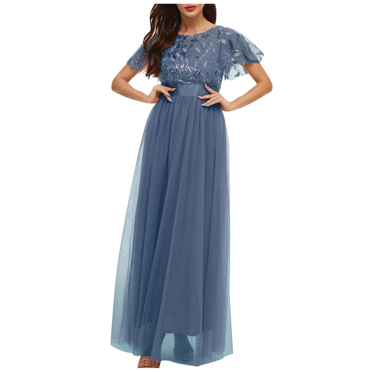 thumbnail image 1 of Leesechin Ladies Formal Dresses Round Neck Sequin Dress Short Sleeves Evening Plus Size Gowns, 1 of 2