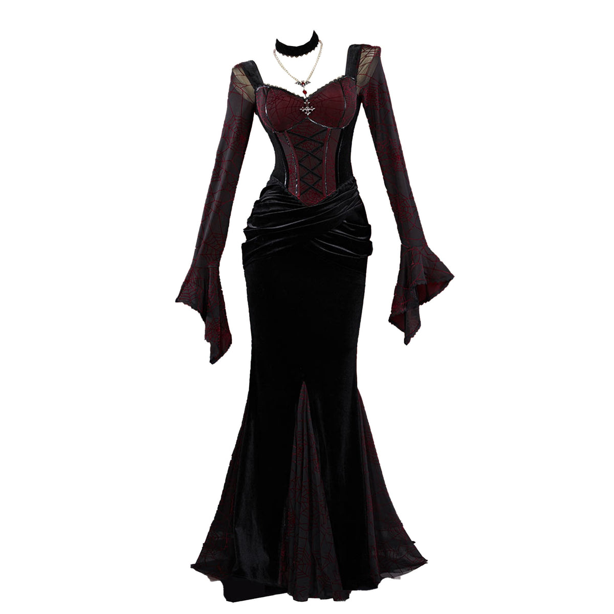 thumbnail image 1 of MEOWCOS Women's Gothic Bodycon Dress Spiderweb Pattern Fishtail Long Dress with Choker and Necklace, 1 of 7