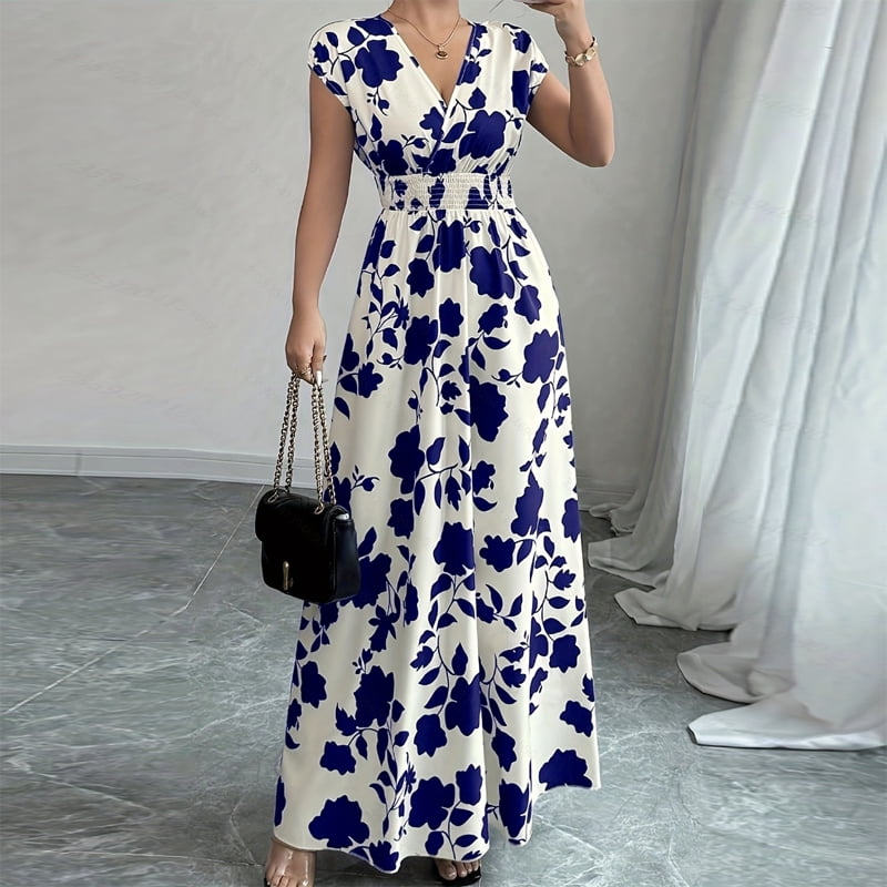 thumbnail image 1 of MORTTIC Women's Floral Print V-Neck Maxi Dress with Elastic Waist Bohemian Summer Casual Long Dress Dark Blue，S, 1 of 8