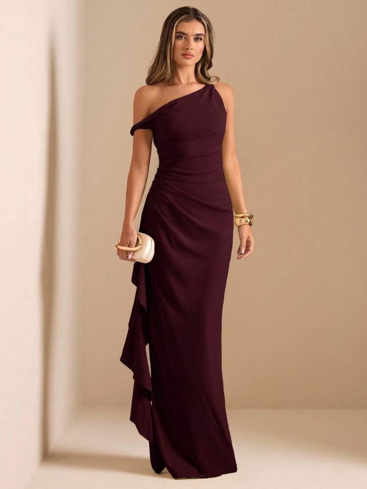 thumbnail image 1 of Maroon One Shoulder Ruffle Wrap Maxi Dress, 1 of 7