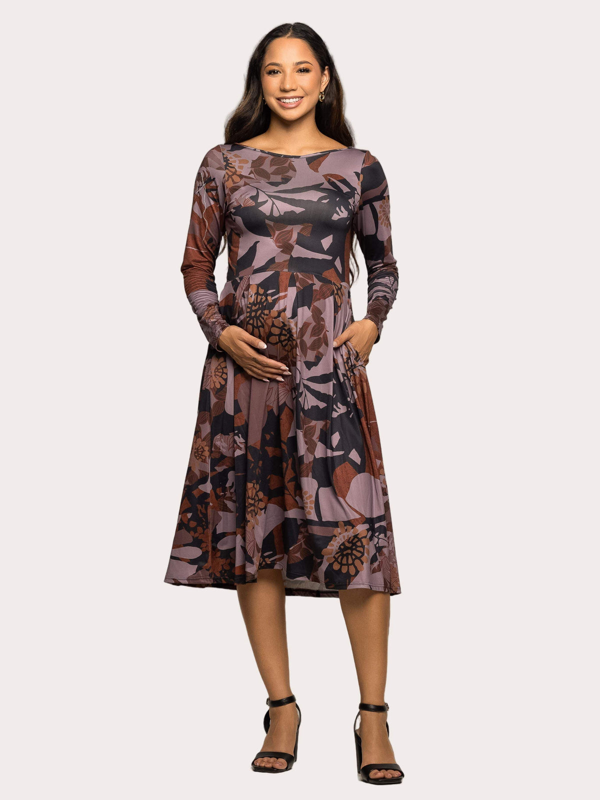 thumbnail image 1 of Maternity Floral Fit N Flare Pocket Midi Dress, 1 of 5