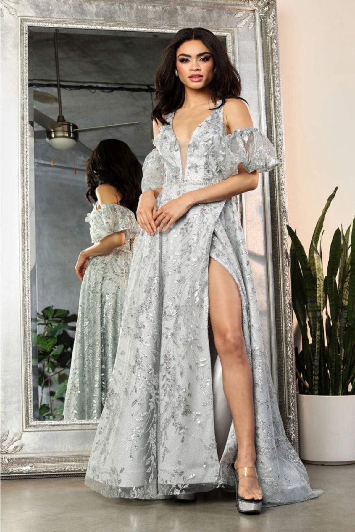 thumbnail image 1 of May Queen MQ2038 Juniors Womens High Slit Evening Floral A-Line Gown, 1 of 9