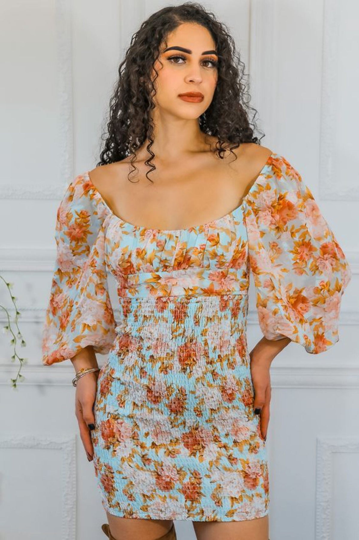 thumbnail image 1 of Meaningful Dreams Floral Ruched Mini Dress, 1 of 7
