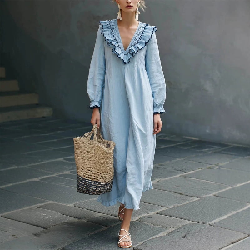 thumbnail image 1 of Morttic Women's Boho V-Neck Ruffle Collar Puff Sleeve Maxi Dress – Loose Flowy Summer Beach Holiday Dress with Frill Hem Blue，S, 1 of 2