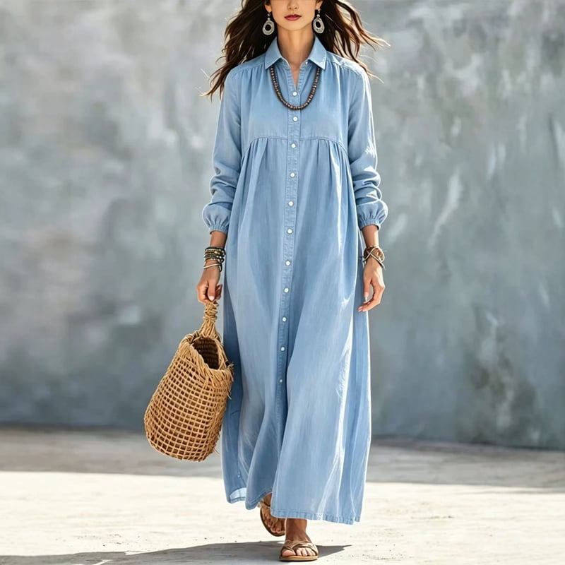 thumbnail image 1 of Morttic Women's Elegant Lantern Sleeve Single-Breasted Collared Pleated Shirt Maxi Dress Spring Fall Daily Wear Light Blue，S, 1 of 2