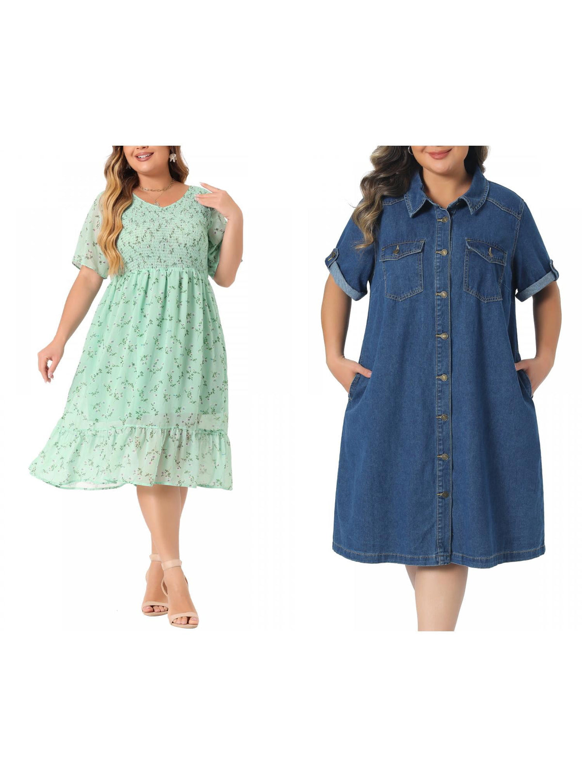 thumbnail image 1 of NOMADIC NOOK Women's Plus Size Smocked Dresses and Button Down Lapel Short Sleeve Midi Summer Casual Denim Jean Shirt Dress with Pockets 3X Light Green/Blue, 1 of 7