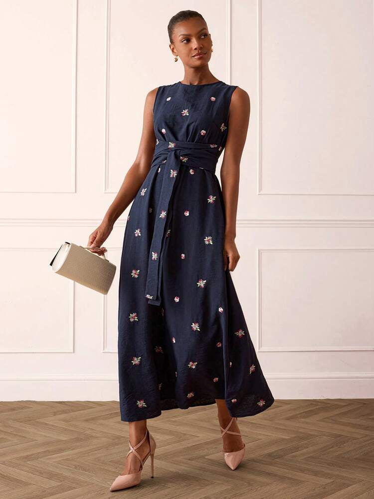 thumbnail image 1 of Navy Blue Sleeveless Long Dress with Floral Embroidery and Tie Waist, 1 of 7