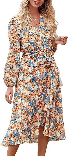 thumbnail image 1 of PRETTYGARDEN Women's Floral Print Boho Dress Long Sleeve Wrap V Neck Ruffle Belted A-Line Flowy Maxi Dresses, 1 of 7