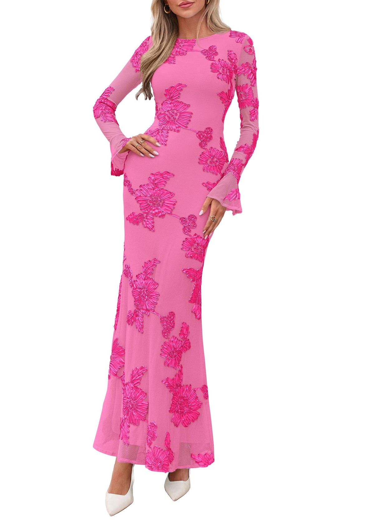thumbnail image 1 of PRETTYGARDEN Women's Formal Floral Maxi Bodycon Dresses Ruffle Long Sleeve, Fall Winter Outfits for Wedding Guest, Homecoming & Cocktail, Slimming Mesh Dress with Lining, 1 of 9