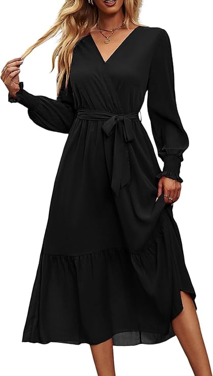 thumbnail image 1 of PRETTYGARDEN Women's Maxi Dress Fall Long Sleeve Wrap V Neck Ruffle Flowy Belted Spring Wedding Guest Vacation, 1 of 8