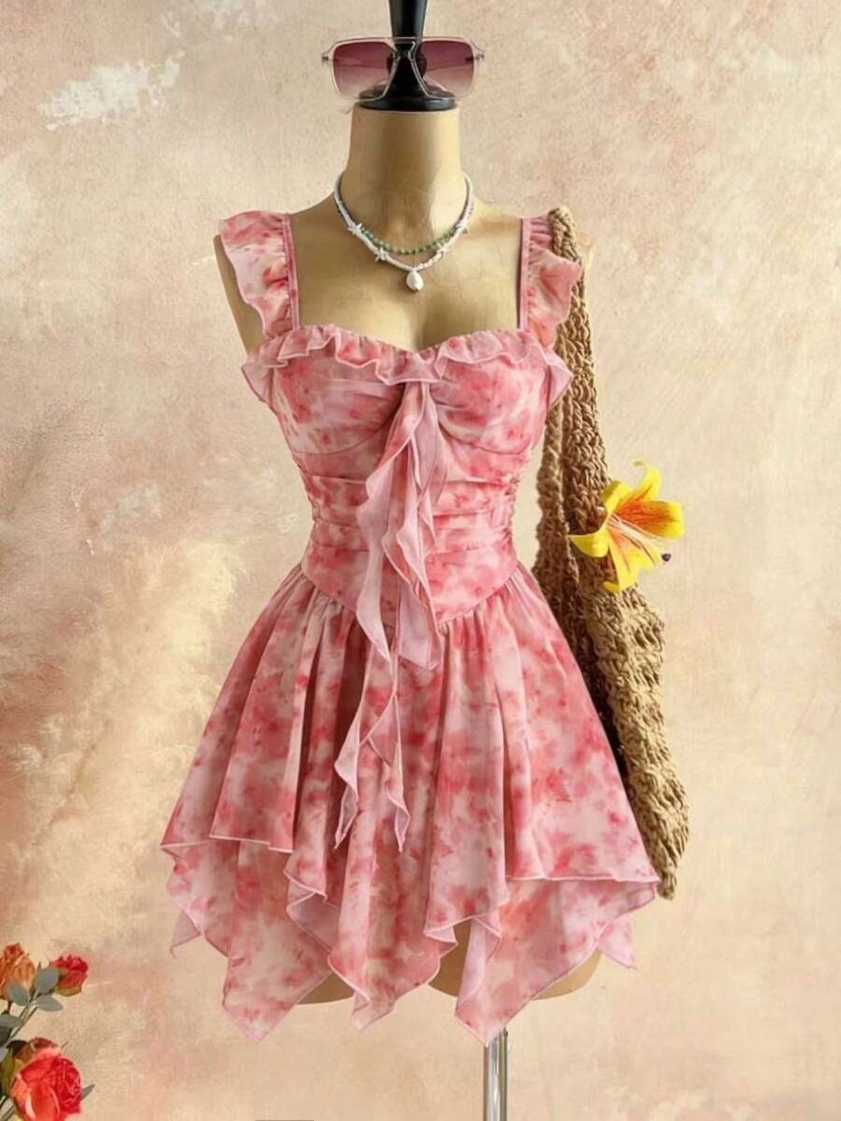 thumbnail image 1 of Pink Dress With Ruffle Trim & Asymmetrical Hem, 1 of 8