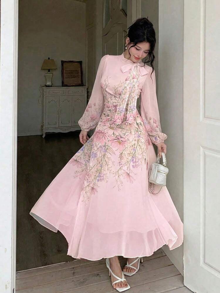 thumbnail image 1 of Pink Floral Print Long Sleeve Midi Dress with Bow Neckline, 1 of 6