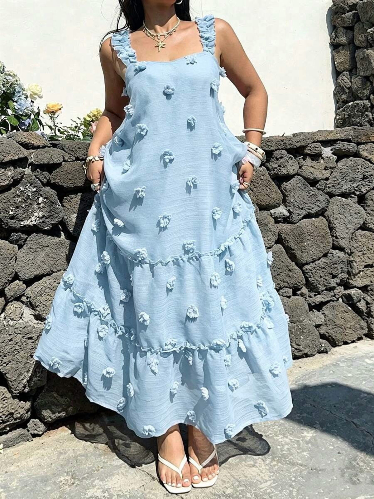 thumbnail image 1 of Plus Size Baby Blue Square Neck Tiered Ruffle Floral Embellished Maxi Dress, 1 of 3