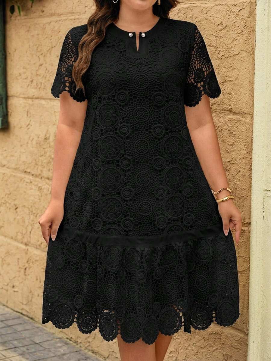 thumbnail image 1 of Plus Size Black Lace Dress with Tiered Ruffle Hem and Scalloped Edges, 1 of 7