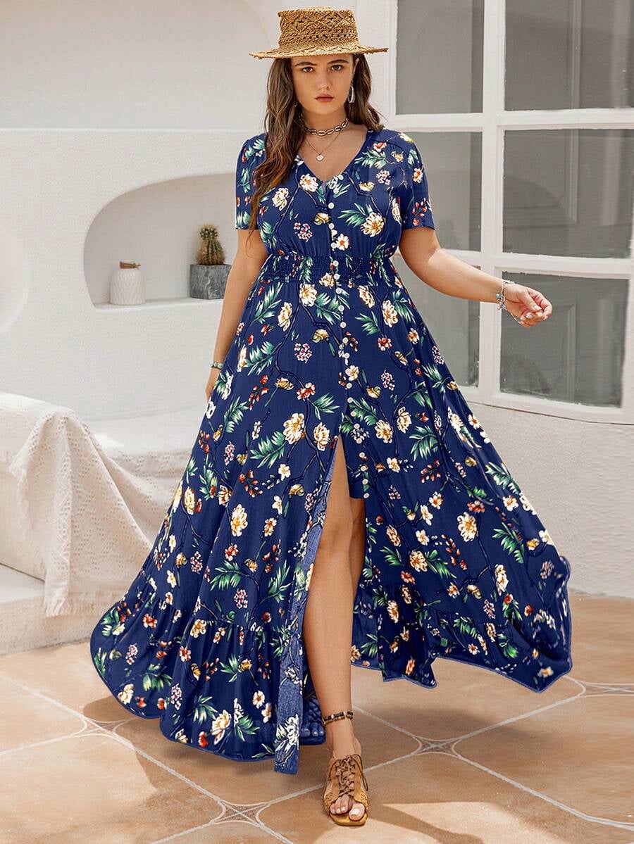thumbnail image 1 of Plus Size Blue Floral Print V-Neck Maxi Dress With Button Front, 1 of 8