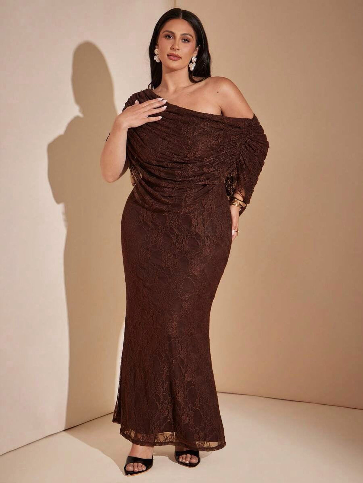 thumbnail image 1 of Plus Size Brown Lace Mermaid Maxi Dress Cowl Neck Off Shoulder, 1 of 8