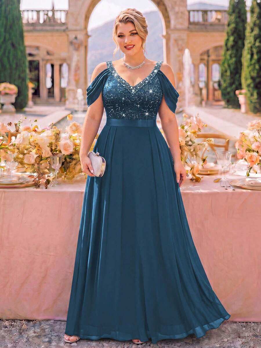 thumbnail image 1 of Plus Size Dusty Blue Sequin V-Neck Cold Shoulder Cape Sleeve Pleated, 1 of 9