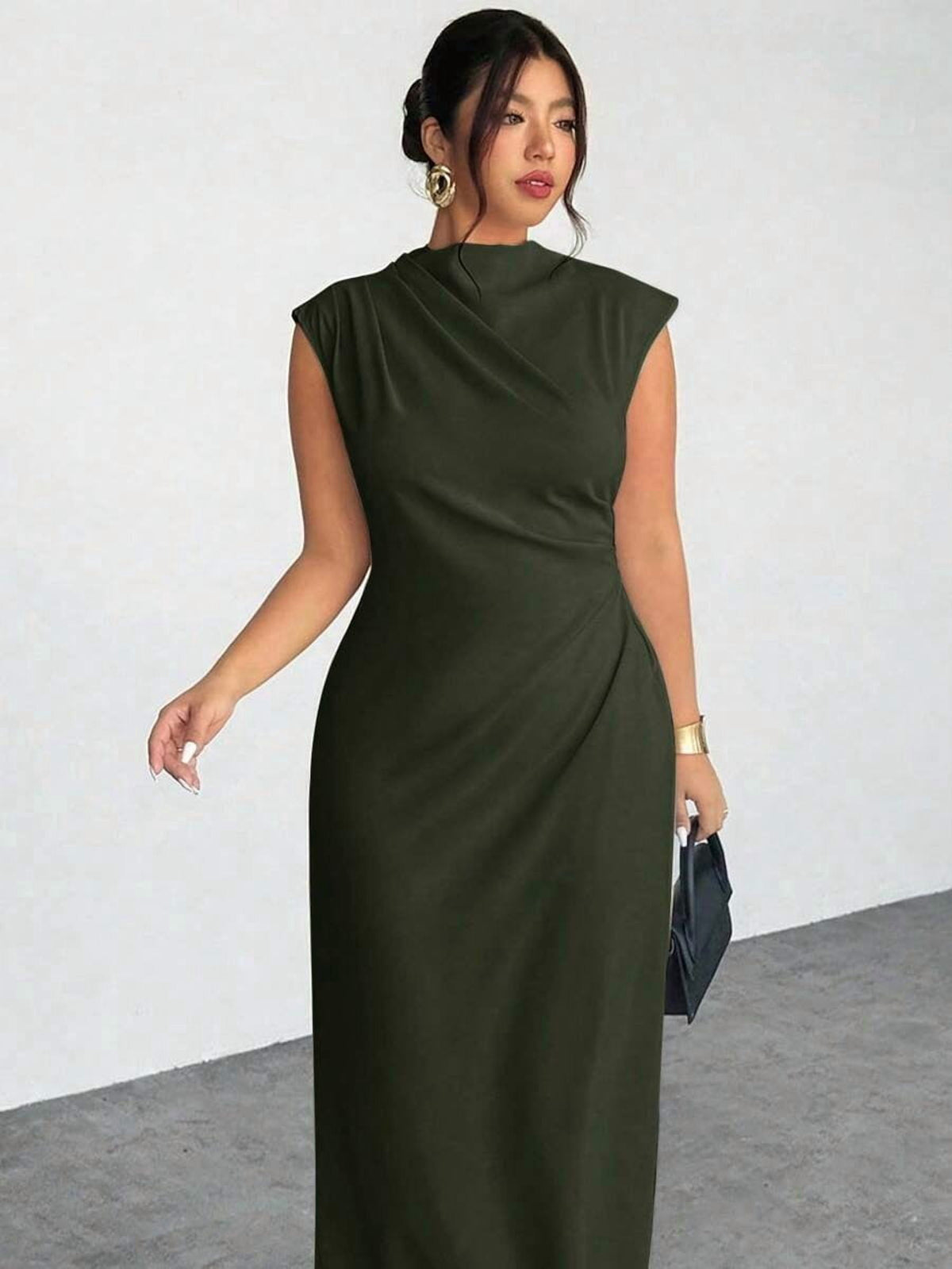 thumbnail image 1 of Plus Size Green Sleeveless Cowl Neck Minimalist Elegant Summer Dress, 1 of 9