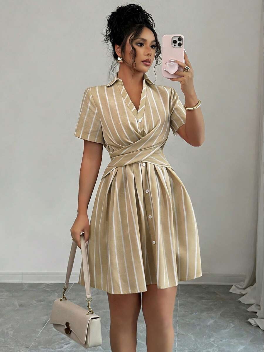 thumbnail image 1 of Plus Size Khaki Striped Short Sleeve V-Neck Wrap Waist Casual Shirt Dress, 1 of 5