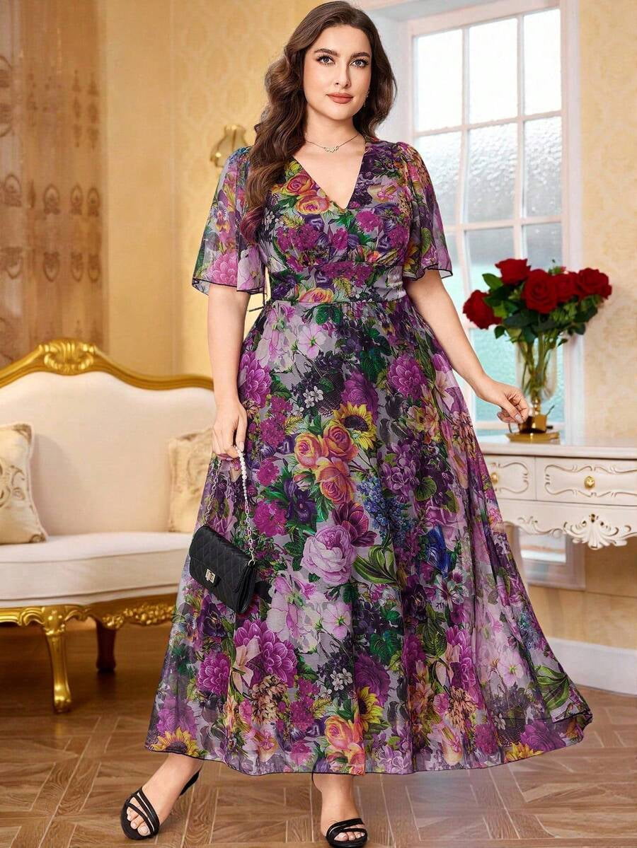 thumbnail image 1 of Purple Plus Size Floral Print V-Neck Short Sleeve Flowy Tea Party Dress, 1 of 6