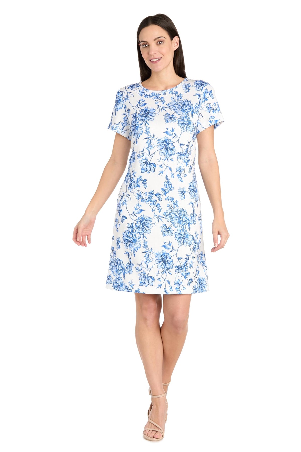 thumbnail image 1 of R&M Richards Women's Floral Print Linen Shift Dress - T-Shirt Style, 10 Petite, 1 of 3