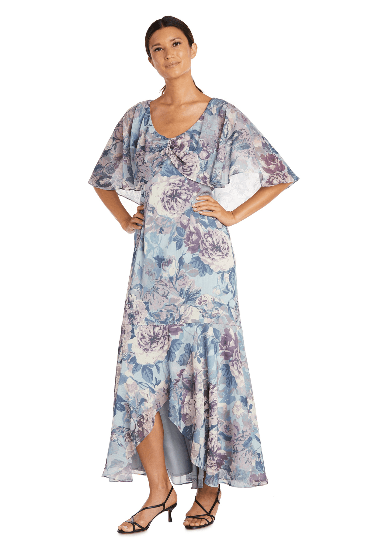 thumbnail image 1 of R&M Richards Women's Juniors Floral Print Chiffon High-Low Dress, 1 of 3