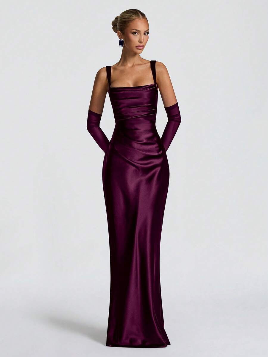 thumbnail image 1 of Red Violet Satin Evening Gown, Square Neck Cinched Waist Formal Long Party, 1 of 7