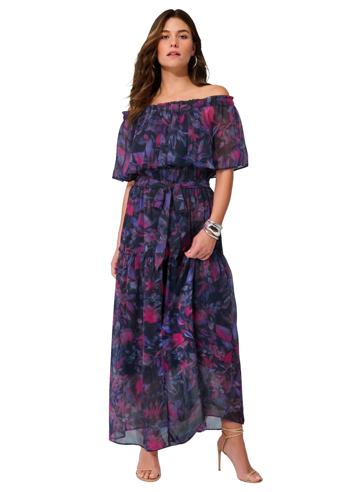 thumbnail image 1 of Roaman's Women's Plus Size Chiffon Off-The-Shoulder Maxi Dress, 1 of 1