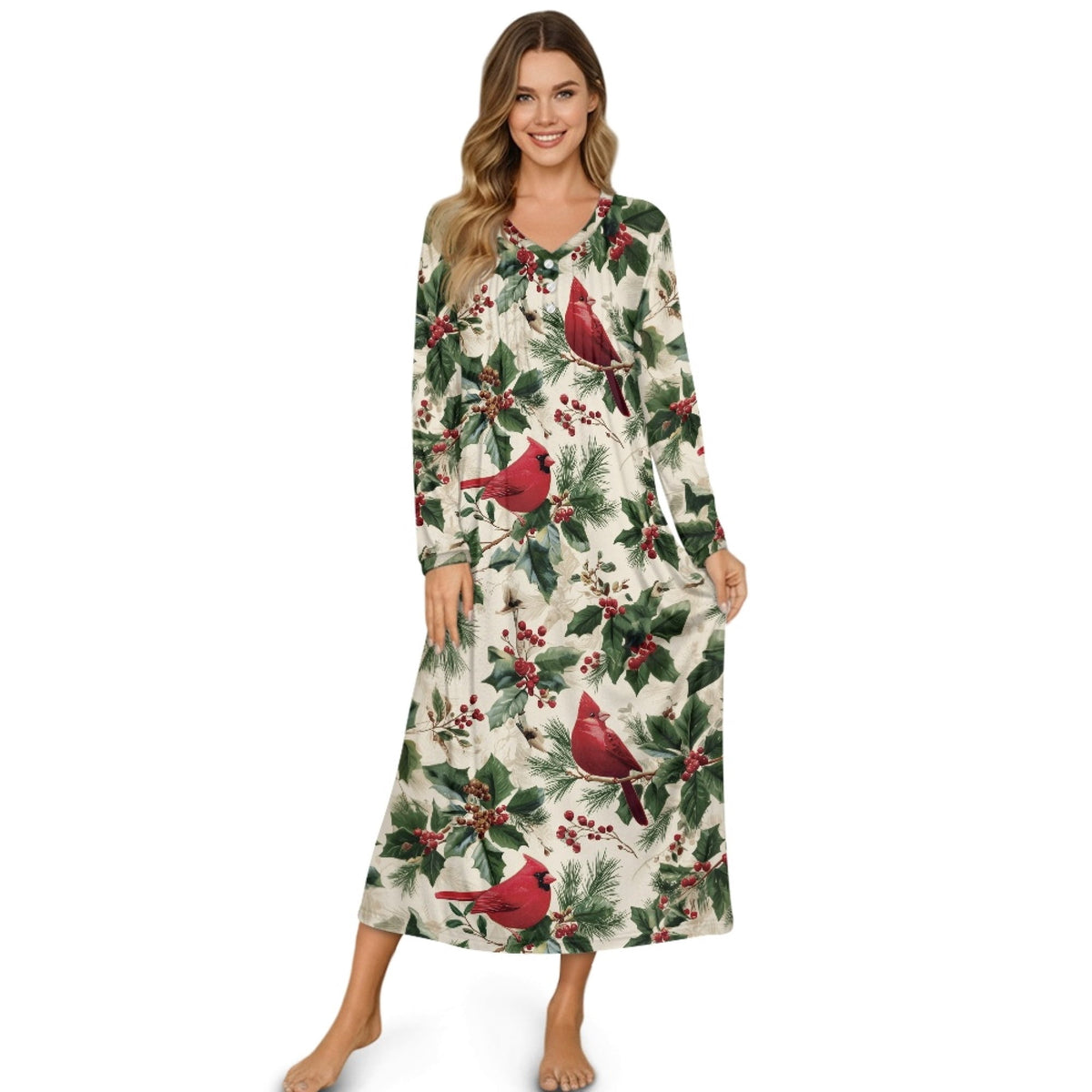 thumbnail image 1 of SEANATIVE Women's House Dress for Christmas Winter Nightgown Button Down Housecoat Soft Cozy Long Sleeve Lounge Dress Comfort Sleepwear Nightdress, XL, Red Cardinal Bird Holly Leaf Print, 1 of 7