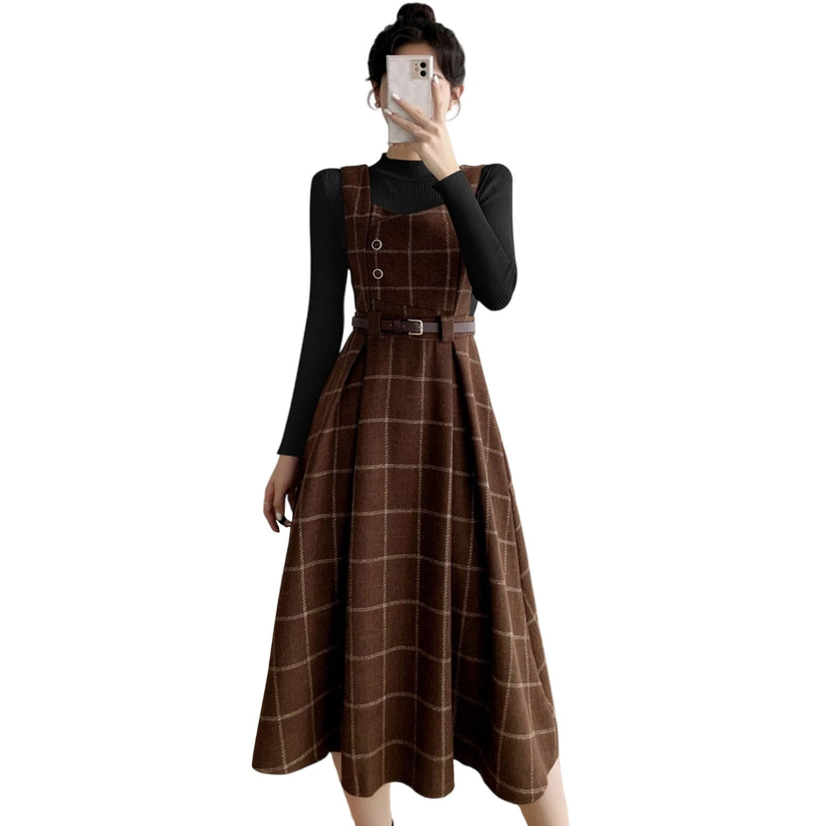thumbnail image 1 of Sleeveless Plaid Belted Dress for Women Fall Winter Elegant Midi Overall Pinafore Apron Dress Khaki S, 1 of 5