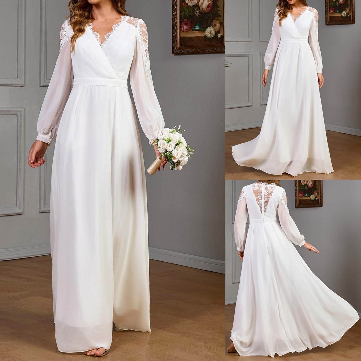 thumbnail image 1 of White Wedding Guest Dresses for Women Sleeve Less V Neck Maxi Dress Solid Color Lace Appliques Chiffon Formal Evening Gowns Beach Dress, 1 of 7