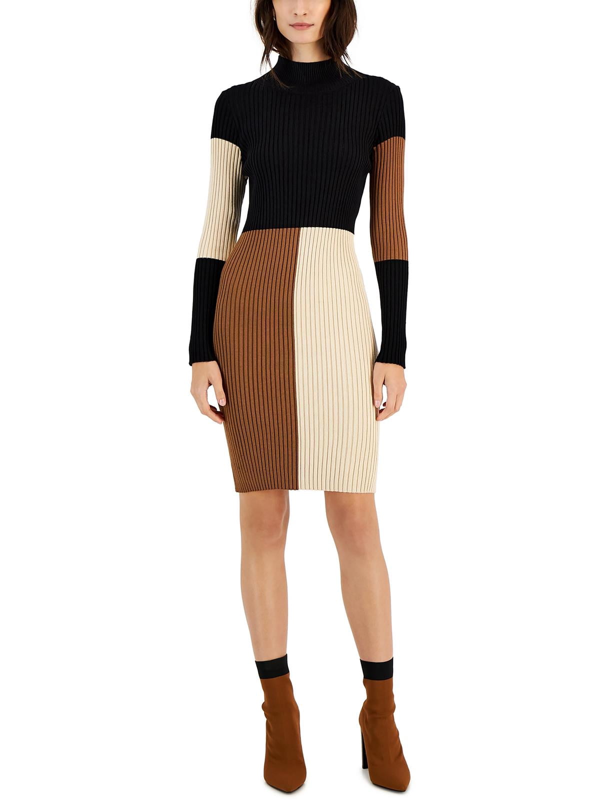 thumbnail image 1 of Taylor Womens Colorblocked Ribbed Long Sleeve Sweater Dress Black/Cinnamon XL, 1 of 2