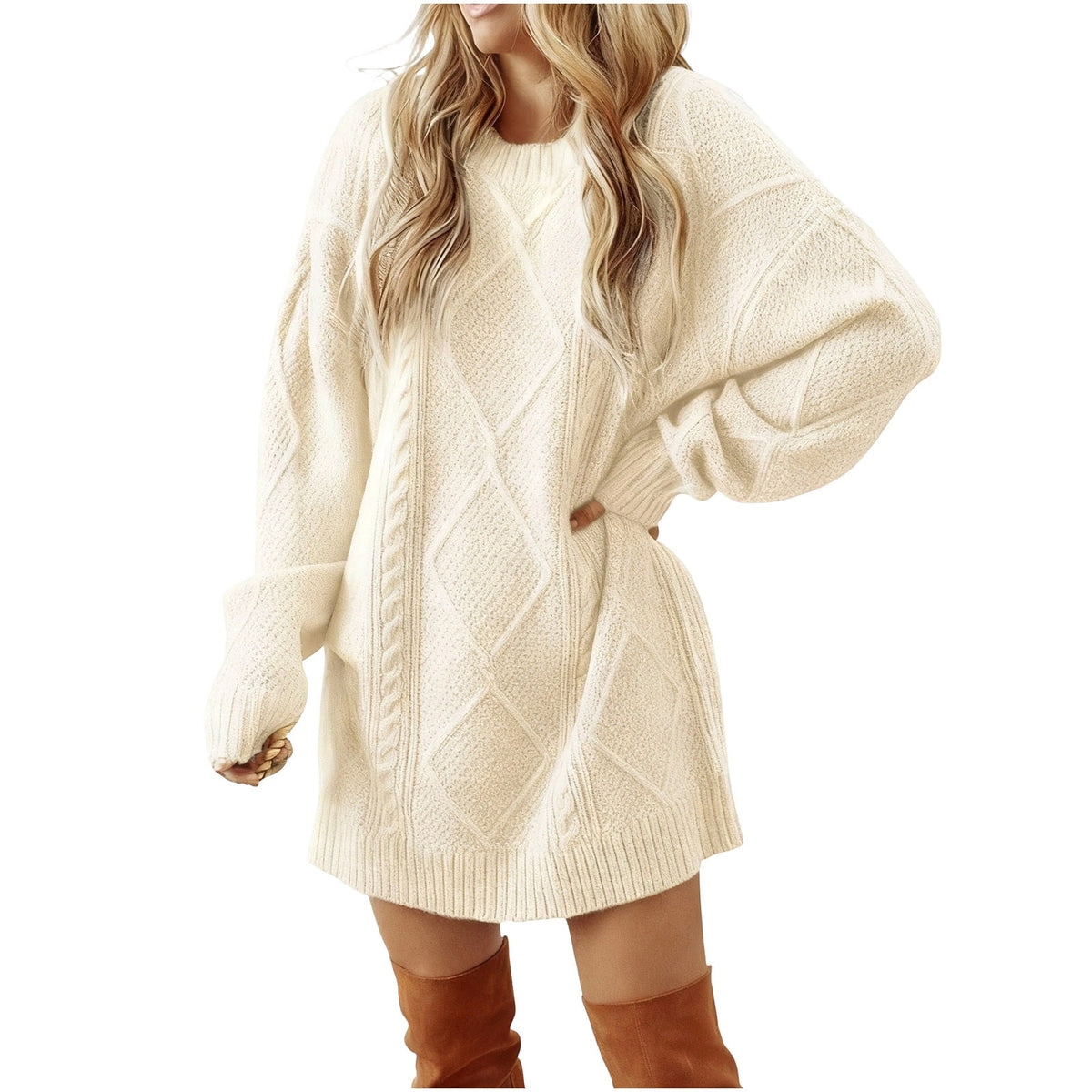 thumbnail image 1 of Turilly Womens Oversized Sweater Dress Crew Neck Long Sleeve Cable Knit Pullover Tunic Dress For Fall Winter, 1 of 9