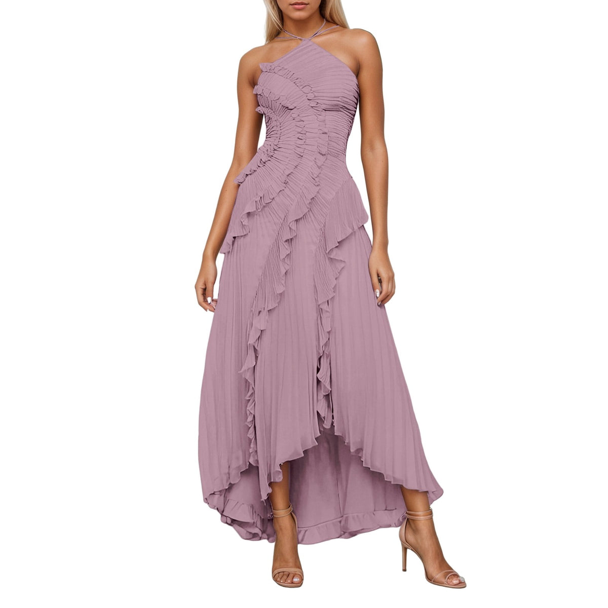 thumbnail image 1 of Uobin Women Dress for Pleated Lotus Edge Maxi Halter Sleeveless Backless A Symmetrical Ruffled Tiered Formal Flowy Dress, 1 of 9