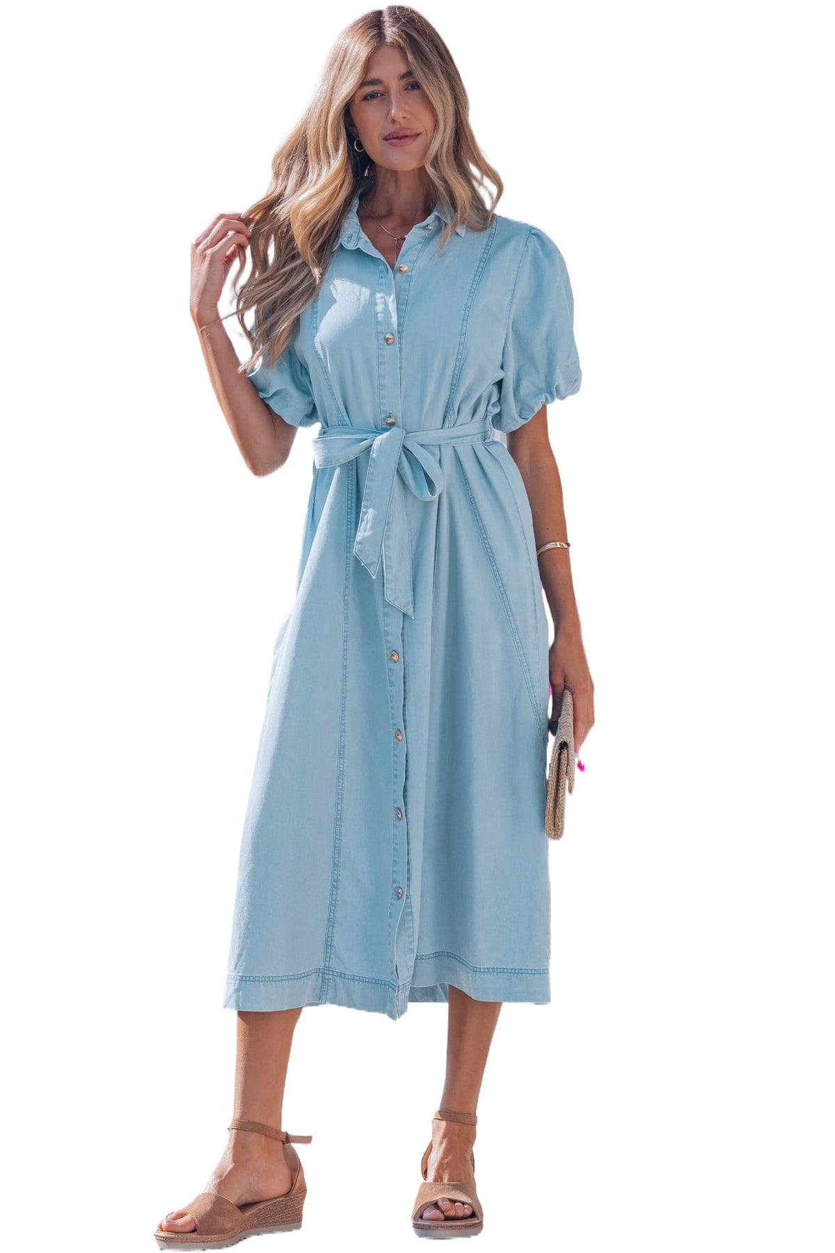thumbnail image 1 of Western Style Denim Long Dress for Women – Collared Button Front Midi with High Waist Knot Detail, L, 1 of 12