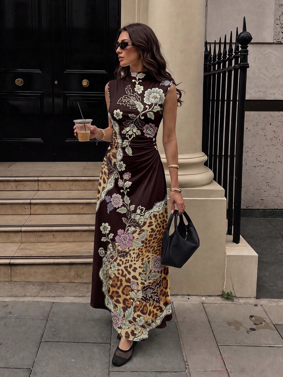 thumbnail image 1 of White Elegant Floral & Leopard Print Sleeveless Maxi Dress with Stand, 1 of 8