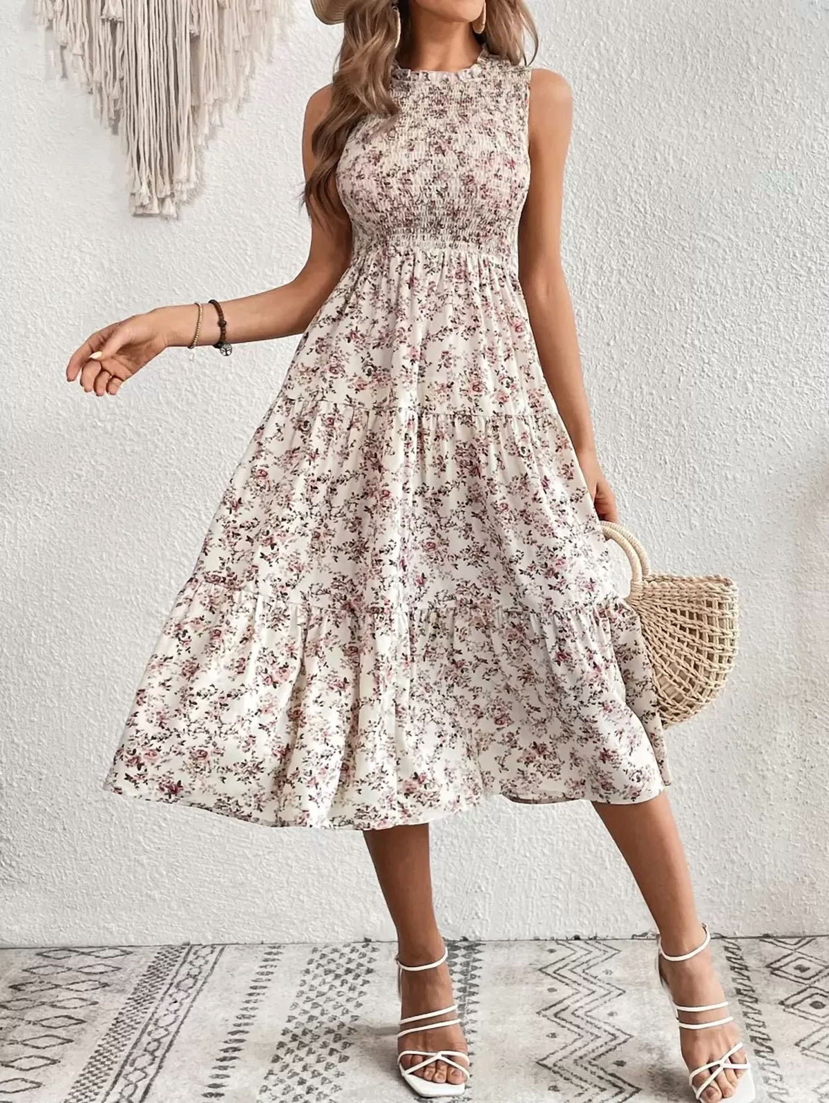 thumbnail image 1 of White Floral Smocked Sleeveless Tiered Midi Dress For Women, 1 of 30