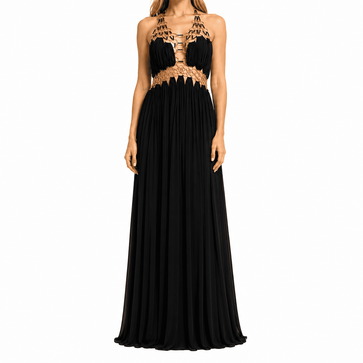 thumbnail image 1 of Women Halter Maxi Dress Metal Ring Cutout A Line Chiffon Flowy Formal Evening Party Gown Black, 1 of 7