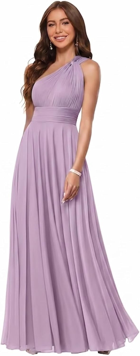 thumbnail image 1 of Women One‑Shoulder Twist Knot Chiffon Floor‑Length Bridesmaid Dress A‑Line Formal Evening Party Gown, 1 of 7