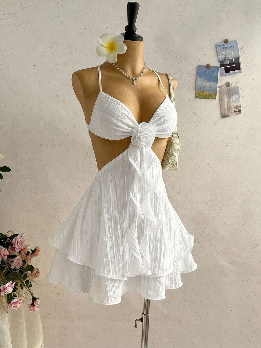 thumbnail image 1 of Women White Boho Beach Mini Dress, Hollow Out Floral Backless Summer, 1 of 9