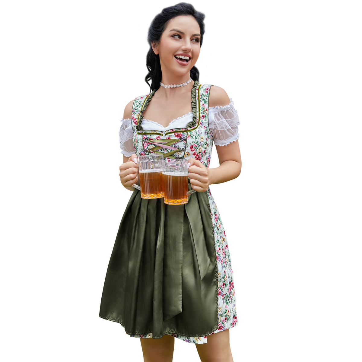 thumbnail image 1 of Women’s Beer Festival Dirndl Dress 3-Piece Set, Floral Lace-Up Dress with Off-Shoulder Blouse and Green Apron, 1 of 5