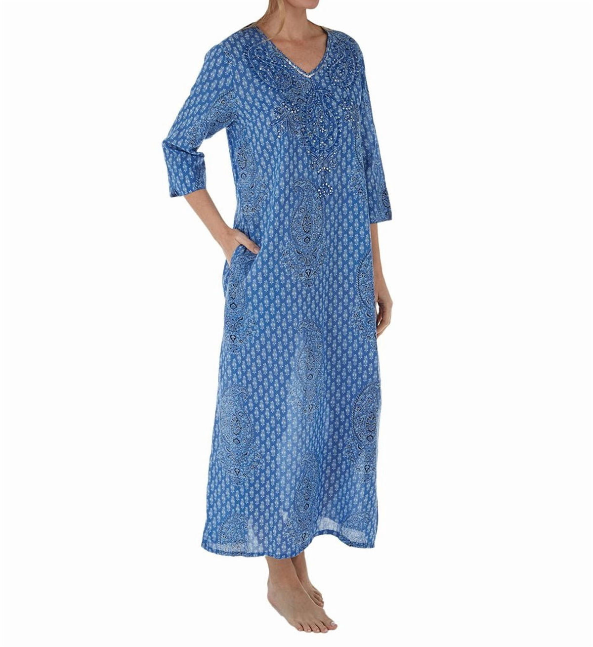thumbnail image 1 of Women's La Cera 3002 100% Cotton Sequin Caftan (Blue Paisley M), 1 of 1