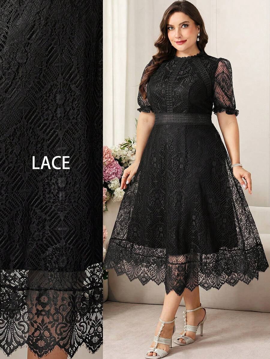 thumbnail image 1 of Womens Black Lace Midi Dress, Elegant Short Sleeve Cocktail Evening, 1 of 8