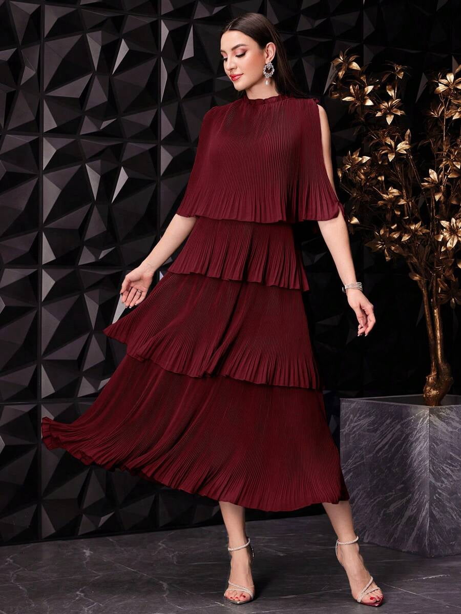 thumbnail image 1 of Womens Burgundy Pleated Cape Sleeve Cold Shoulder Tiered Ruffle Long, 1 of 7