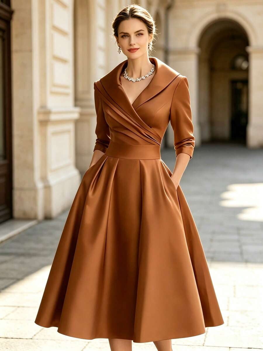 thumbnail image 1 of Womens Elegant Coffee Midi Dress with Long Sleeves, Wrap Front & Flared, 1 of 7