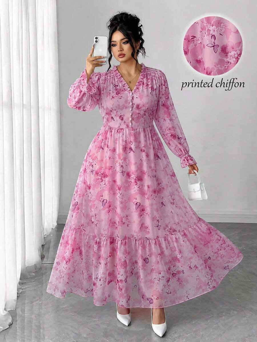 thumbnail image 1 of Womens Elegant Pink Floral Chiffon Long Sleeve V-Neck Maxi Dress, 1 of 7