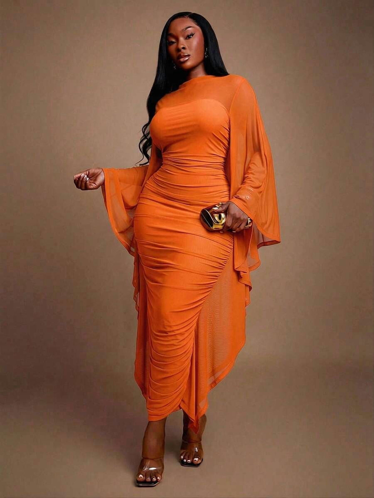 thumbnail image 1 of Womens Orange Ruched Long Sleeve Sheath Dress With Kimono Sleeve, 1 of 6