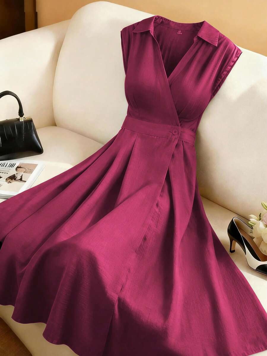 thumbnail image 1 of Womens Red Violet Sleeveless Linen Shirt Collar V-Neck A-Line Midi Dress, 1 of 5