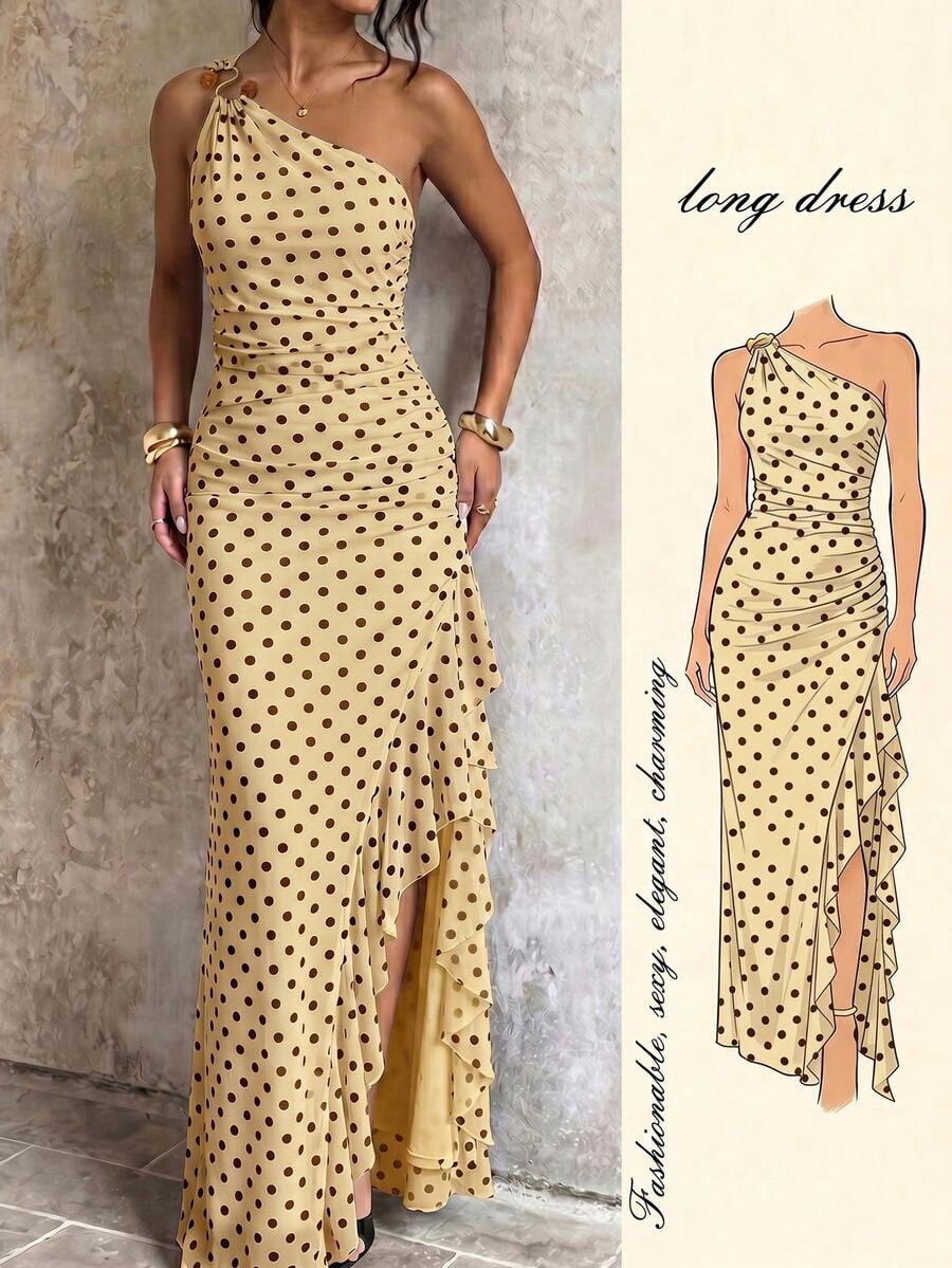 thumbnail image 1 of Womens Yellow Polka Dot One Shoulder Long Dress, Ruffle Hem Slit, 1 of 10