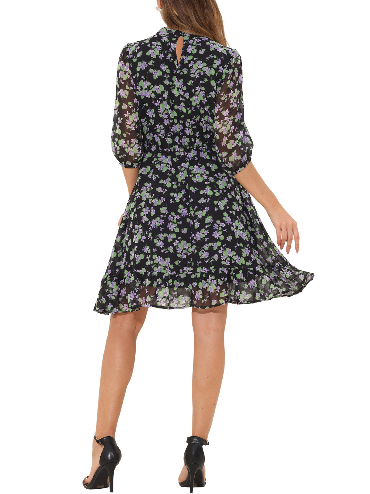 thumbnail image 3 of INSPIRE CHIC Floral A-Line Dress for Women's Casual Mock Neck Fit and Flare Chiffon Dress M Black, 3 of 6